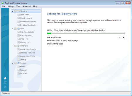 Auslogics Registry Cleaner сканирование ошибок